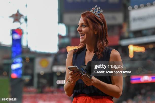 SportsNet Southwest Astros sideline reporter Julia Morales sports some jewels for Princess Day before the baseball game between the Detroit Tigers...