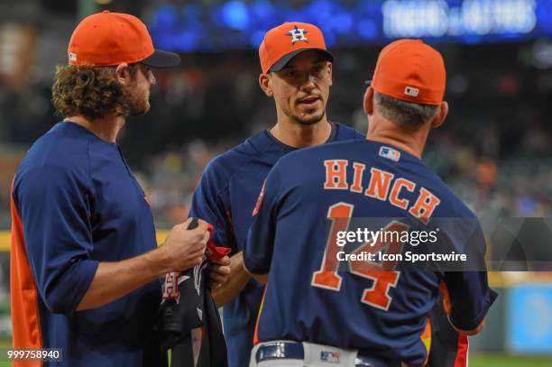 Houston Astros pitcher Gerrit Cole and Houston Astros pitcher Charlie Morton are presented their American League All Star uniforms by Houston Astros...