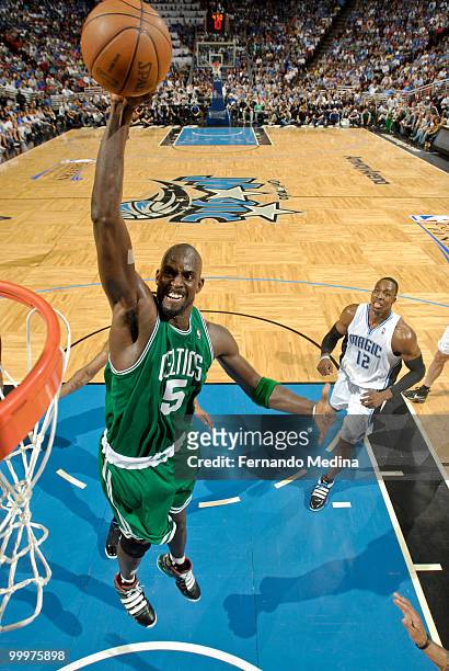 Kevin Garnett of the Boston Celtics slam dunks against the Orlando Magic in Game Two of the Eastern Conference Finals during the 2010 NBA Playoffs on...