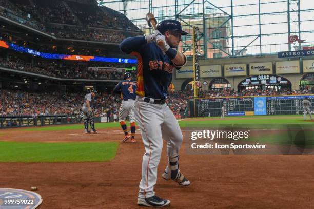 Houston Astros infielder Alex Bregman waits to hit during the baseball game between the Detroit Tigers and the Houston Astros on July 15, 2018 at...