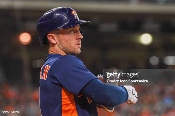 Houston Astros infielder Alex Bregman waits to hit during the baseball game between the Detroit Tigers and the Houston Astros on July 15, 2018 at...