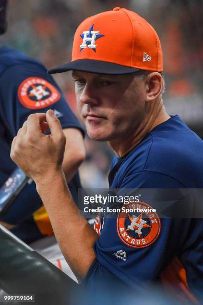 Houston Astros manager A.J. Hinch watches his team from the dugout during the baseball game between the Detroit Tigers and the Houston Astros on July...