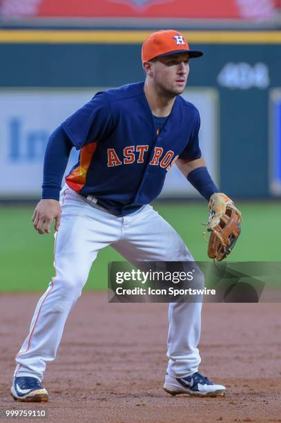 Houston Astros infielder Alex Bregman watches a pitch during the baseball game between the Detroit Tigers and the Houston Astros on July 15, 2018 at...