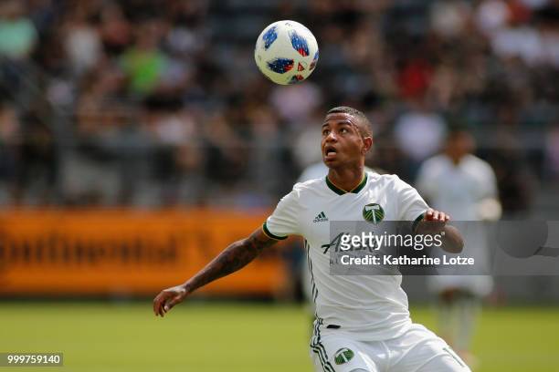 Andy Polo of the Portland Timbers settles the ball at Banc of California Stadium on July 15, 2018 in Los Angeles, California.