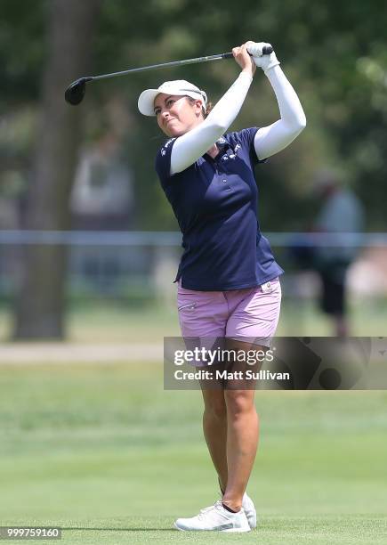 Marina Alex watches her second shot on the 18th hole during the final round of the Marathon Classic Presented By Owens Corning And O-I at Highland...