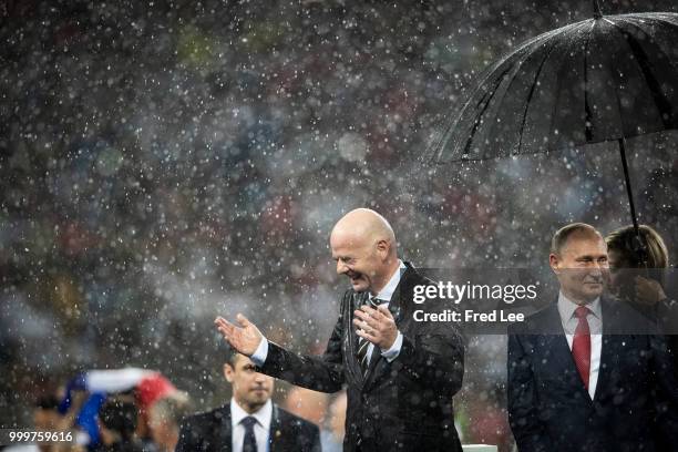 Russian President Vladimir Putin and FIFA President Gianni Infantino attend the award ceremony of the 2018 FIFA World Cup Russia Final between France...