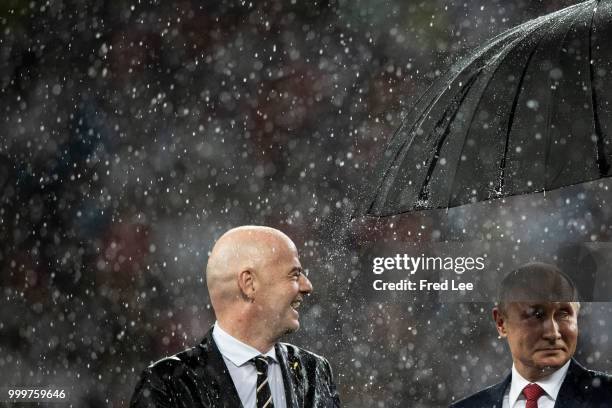 Russian President Vladimir Putin and FIFA President Gianni Infantino attend the award ceremony of the 2018 FIFA World Cup Russia Final between France...