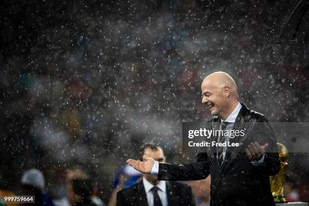 President Gianni Infantino attends the award ceremony of the 2018 FIFA World Cup Russia Final between France and Croatia at Luzhniki Stadium on July...