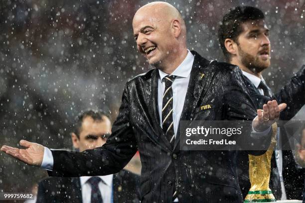 President Gianni Infantino attends the award ceremony of the 2018 FIFA World Cup Russia Final between France and Croatia at Luzhniki Stadium on July...