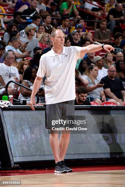 Assistant Coach Jim Moran of the Portland Trail Blazers during the game against the Boston Celtics during the 2018 Las Vegas Summer League on July...