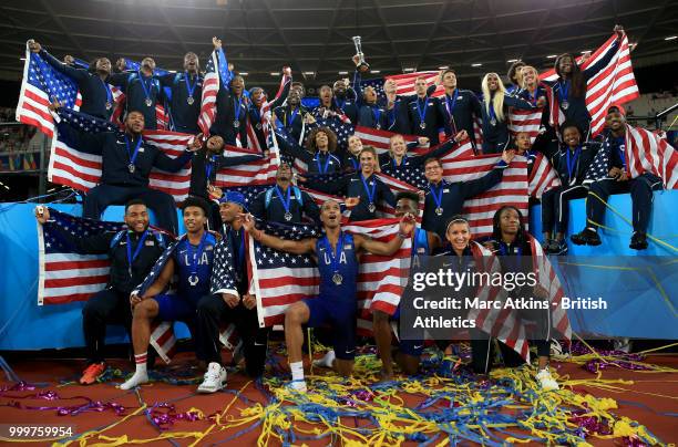 Team USA celebrate victory during Day Two of the Athletics World Cup 2018 presented by Muller at London Stadium on July 15, 2018 in London, England.