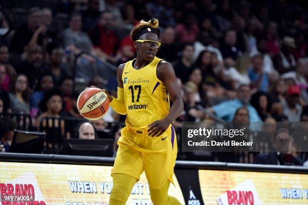 Essence Carson of the Los Angeles Sparks handles the ball against the Las Vegas Aces on July 15, 2018 at the Mandalay Bay Events Center in Las Vegas,...