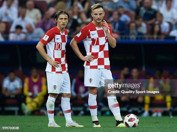 Ivan Rakitic and Luka Modric of Croatia during the 2018 FIFA World Cup Russia Final between France and Croatia at Luzhniki Stadium on July 15, 2018...