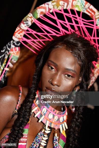 Model poses backstage at Miami Swim Week powered by Art Hearts Fashion Swim/Resort 2018/19 at Faena Forum on July 15, 2018 in Miami Beach, Florida.