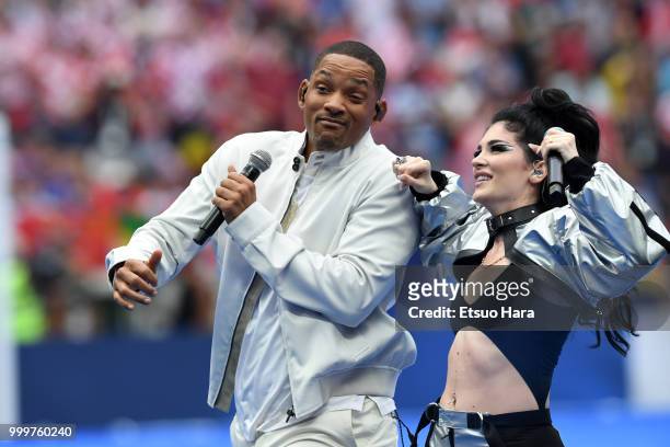 Will Smith of United States and Era Istrefi of Kosovo perfom during the closing ceremony prior to the 2018 FIFA World Cup Russia Final between France...