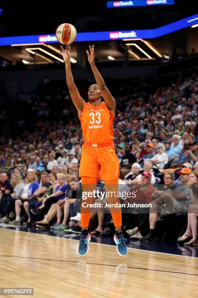 Morgan Tuck of the Connecticut Sun shoots the ball during the game against the Minnesota Lynx on July 15, 2018 at Target Center in Minneapolis,...