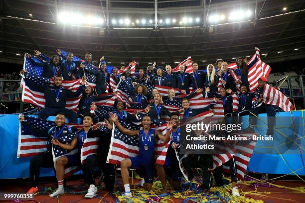 Team USA celebrate victory during Day Two of the Athletics World Cup 2018 presented by Muller at London Stadium on July 15, 2018 in London, England.