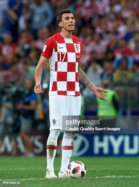 Mario Mandzukic of Croatia reacts during the 2018 FIFA World Cup Russia Final between France and Croatia at Luzhniki Stadium on July 15, 2018 in...