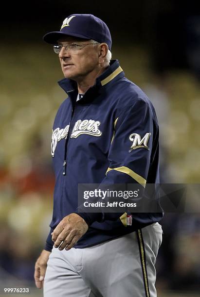 Milwaukee Brewers manager Ken Macha walks back to the dugout against the Los Angeles Dodgers at Dodger Stadium on May 4, 2010 in Los Angeles,...