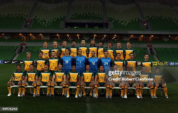 The Australian team pose for a team photo during an Australian Socceroos training session at AAMI Park on May 19, 2010 in Melbourne, Australia.