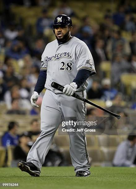 Prince Fielder of the Milwaukee Brewers walks back to the dugout against the Los Angeles Dodgers at Dodger Stadium on May 4, 2010 in Los Angeles,...