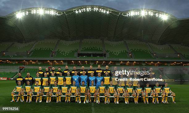 The Australian teamand staff pose for a team photo during an Australian Socceroos training session at AAMI Park on May 19, 2010 in Melbourne,...