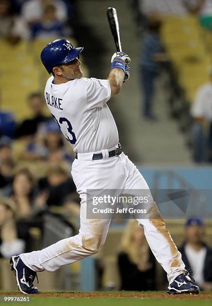 Casey Blake of the Los Angeles Dodgers bats against the Milwaukee Brewers at Dodger Stadium on May 4, 2010 in Los Angeles, California. The Brewers...