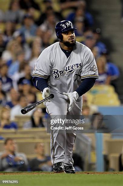 Prince Fielder of the Milwaukee Brewers bats against the Los Angeles Dodgers at Dodger Stadium on May 4, 2010 in Los Angeles, California. The Brewers...