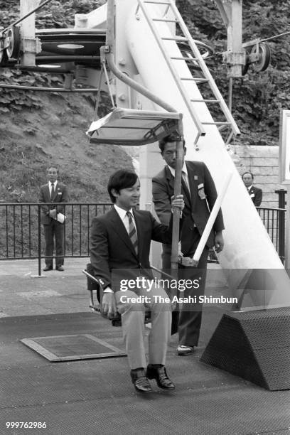 Prince Naruhito visits the Okurayama Jump Stadium on August 19, 1986 in Sapporo, Hokkaido, Japan.
