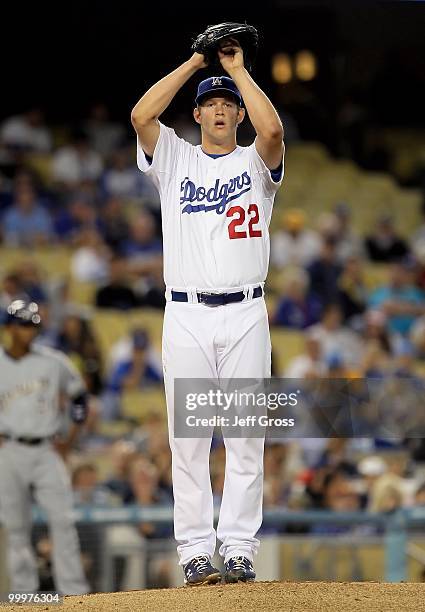 Clayton Kershaw of the Los Angeles Dodgers pitches against the Milwaukee Brewers at Dodger Stadium on May 4, 2010 in Los Angeles, California.