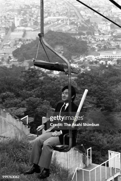 Prince Naruhito visits the Okurayama Jump Stadium on August 19, 1986 in Sapporo, Hokkaido, Japan.