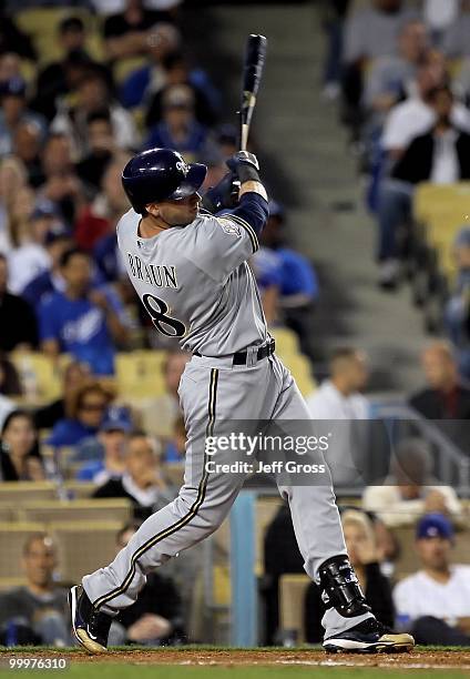 Ryan Braun of the Milwaukee Brewers bats against the Los Angeles Dodgers at Dodger Stadium on May 4, 2010 in Los Angeles, California. The Brewers...