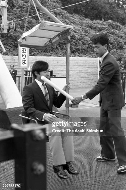 Prince Naruhito visits the Okurayama Jump Stadium on August 19, 1986 in Sapporo, Hokkaido, Japan.