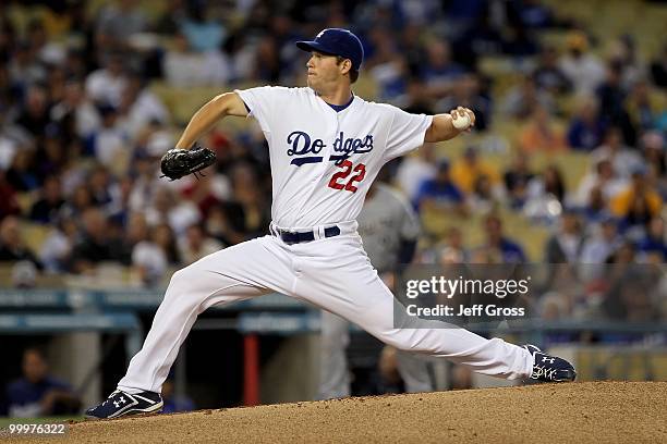 Clayton Kershaw of the Los Angeles Dodgers pitches against the Milwaukee Brewers at Dodger Stadium on May 4, 2010 in Los Angeles, California.