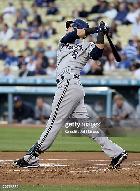 Ryan Braun of the Milwaukee Brewers bats against the Los Angeles Dodgers at Dodger Stadium on May 4, 2010 in Los Angeles, California. The Brewers...