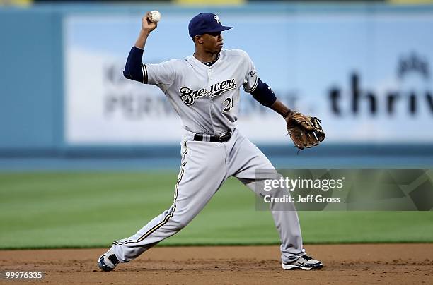 Alcides Escobar of the Milwaukee Brewers plays against the Los Angeles Dodgers at Dodger Stadium on May 4, 2010 in Los Angeles, California. The...