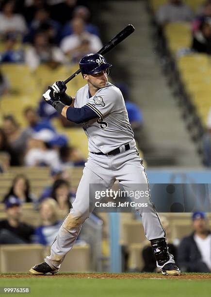 Ryan Braun of the Milwaukee Brewers bats against the Los Angeles Dodgers at Dodger Stadium on May 4, 2010 in Los Angeles, California. The Brewers...