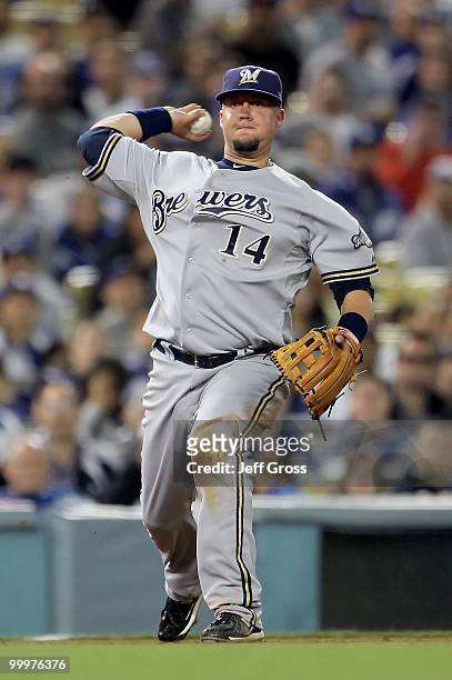 Casey McGehee of the Milwaukee Brewers throws to first base against the Los Angeles Dodgers at Dodger Stadium on May 4, 2010 in Los Angeles,...
