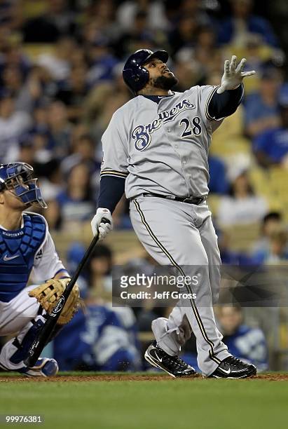 Prince Fielder of the Milwaukee Brewers bats against the Los Angeles Dodgers at Dodger Stadium on May 4, 2010 in Los Angeles, California. The Brewers...