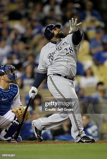 Prince Fielder of the Milwaukee Brewers bats against the Los Angeles Dodgers at Dodger Stadium on May 4, 2010 in Los Angeles, California. The Brewers...