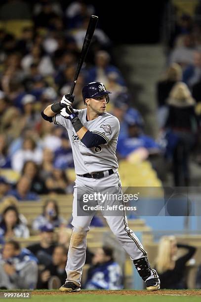 Ryan Braun of the Milwaukee Brewers bats against the Los Angeles Dodgers at Dodger Stadium on May 4, 2010 in Los Angeles, California. The Brewers...