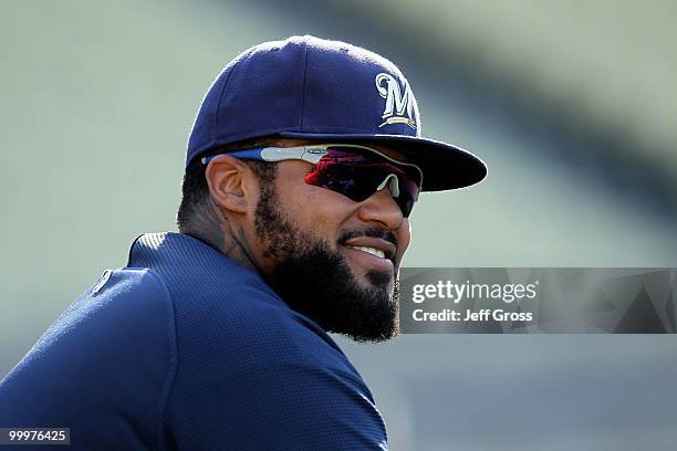 Prince Fielder of the Milwaukee Brewers looks on prior to the start of the game against the Los Angeles Dodgers at Dodger Stadium on May 4, 2010 in...