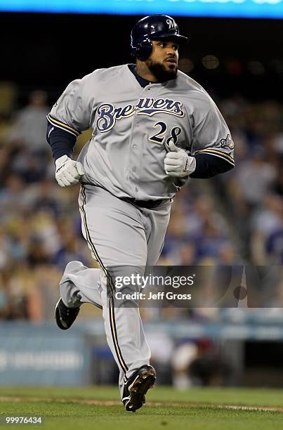 Prince Fielder of the Milwaukee Brewers runs to first base against the Los Angeles Dodgers at Dodger Stadium on May 4, 2010 in Los Angeles,...