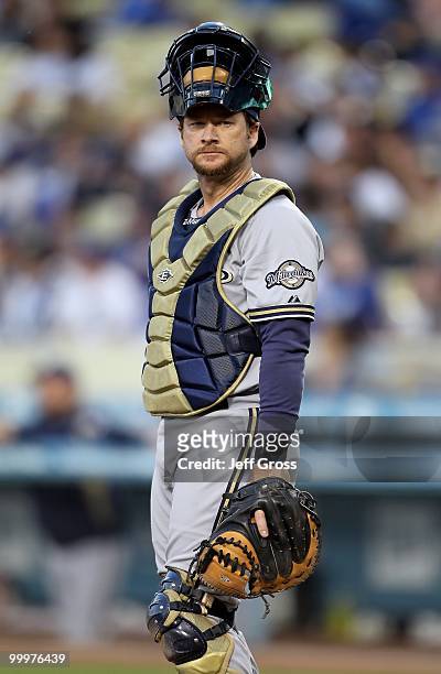 Gregg Zaun of the Milwaukee Brewers looks on against the Los Angeles Dodgers at Dodger Stadium on May 4, 2010 in Los Angeles, California. The Brewers...
