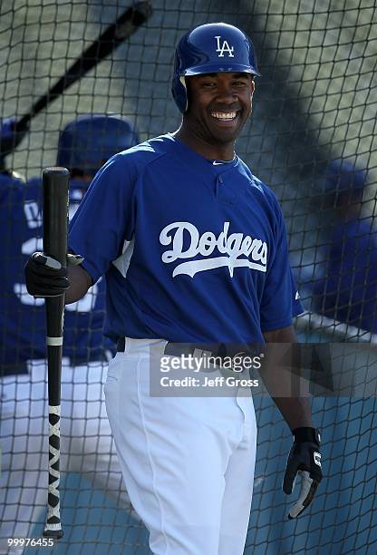 Garret Anderson of the Los Angeles Dodgers looks on prior to the start of the game against the Milwaukee Brewers at Dodger Stadium on May 4, 2010 in...
