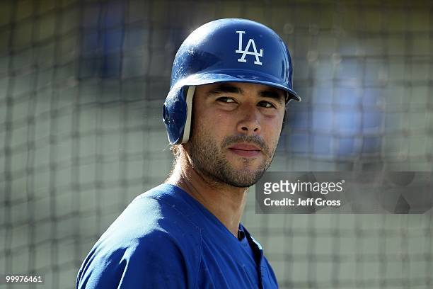 Andre Ethier of the Los Angeles Dodgers looks on prior to the start of the game against the Milwaukee Brewers at Dodger Stadium on May 4, 2010 in Los...