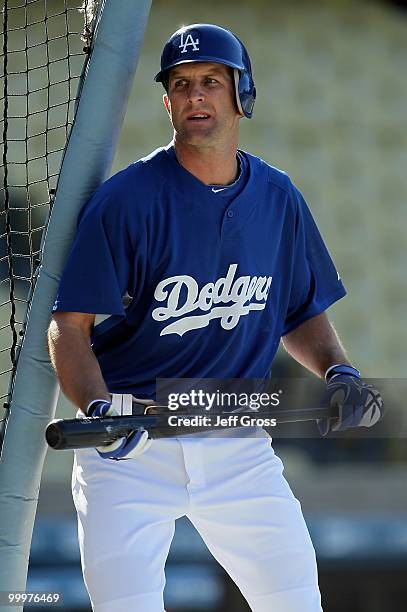 Casey Blake of the Los Angeles Dodgers takes batting practice prior to the start of the game against the Milwaukee Brewers at Dodger Stadium on May...