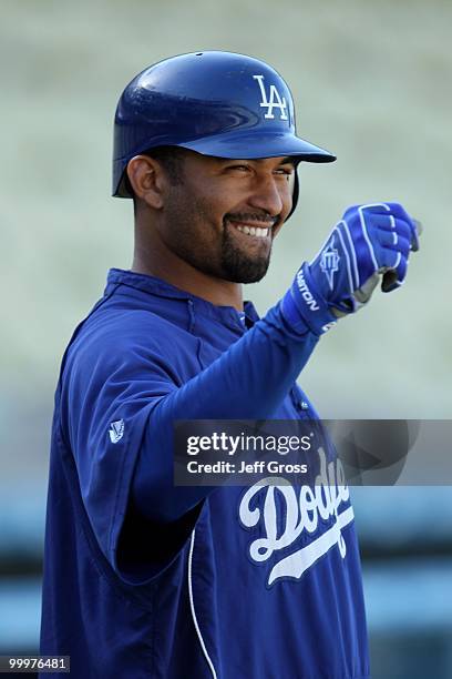 Matt Kemp of the Los Angeles Dodgers looks on prior to the start of the game against the Milwaukee Brewers at Dodger Stadium on May 4, 2010 in Los...
