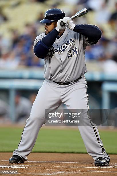 Prince Fielder of the Milwaukee Brewers bats against the Los Angeles Dodgers at Dodger Stadium on May 4, 2010 in Los Angeles, California. The Brewers...