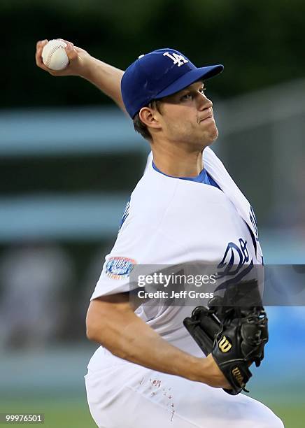 Clayton Kershaw of the Los Angeles Dodgers pitches against the Milwaukee Brewers at Dodger Stadium on May 4, 2010 in Los Angeles, California.